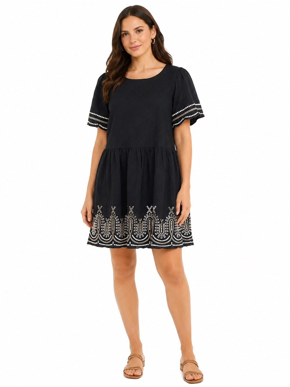 Madewell Size Medium Black Dress with White & Tan Embroidery Scallop Hem